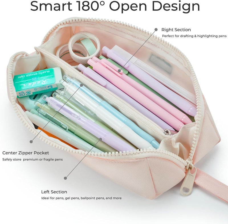 Ralnitote Store Large Pencil Case with 180° Open Design, Big Capacity Pen Bag for Girls & Boys, Aesthetic & Cute Pencil Pouch for School, Office, Makeup & Tech Accessories-Beige - Image 2